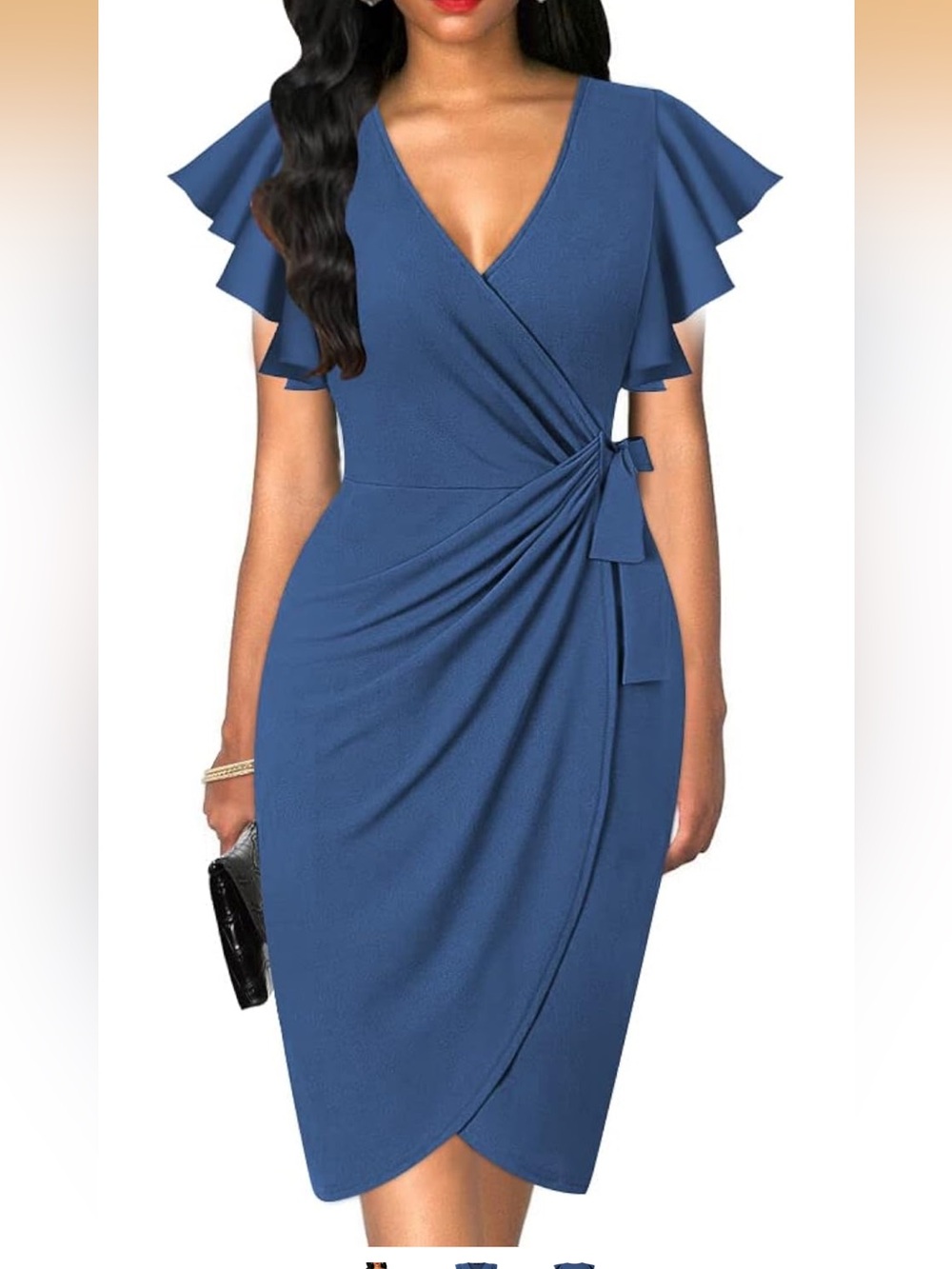 XL oten Womens Deep V Neck Ruffle Sleeve Sheath Faux Wrap Dress